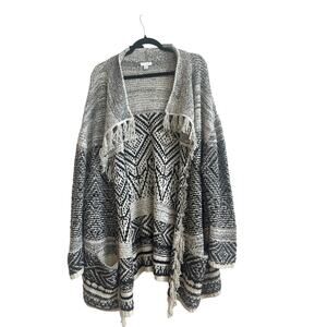 J. Jill XL Rustic Boho Black and Oatmeal Open Front Cardigan with Fringe